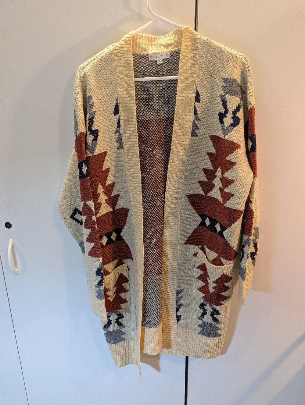 L Love Woman's Large Cream Aztec Open-Front Cardigan Sweater